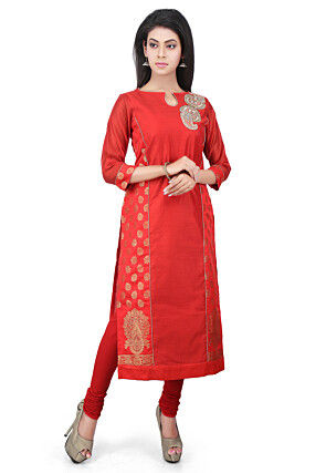 Woven Dupion Silk Straight Kurta in Red