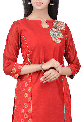 Woven Dupion Silk Straight Kurta in Red