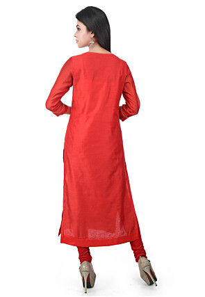Woven Dupion Silk Straight Kurta in Red