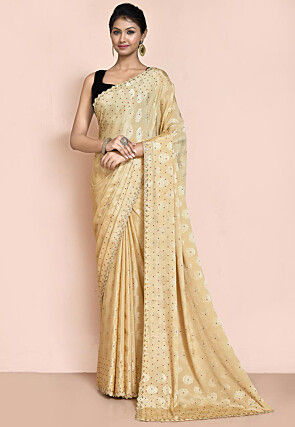 Woven Chiffon Saree in Beige