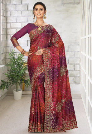Woven Faux Georgette Brasso Saree in Maroon and Purple