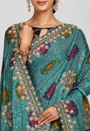 Woven Georgette Brasso Saree in Teal Blue