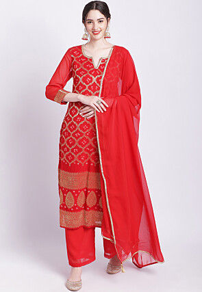 Woven Georgette Pakistani Suit in Red