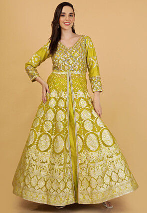 Woven Front Slit Organza Brocade Lehenga in Light Olive Green