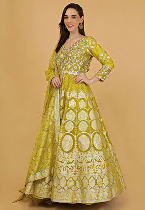 Woven Front Slit Organza Brocade Lehenga in Light Olive Green