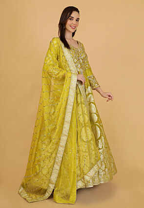 Woven Front Slit Organza Brocade Lehenga in Light Olive Green