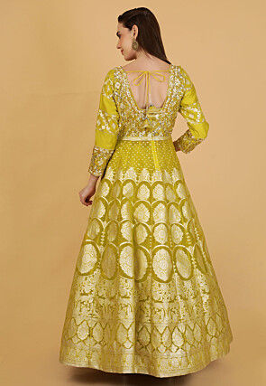 Woven Front Slit Organza Brocade Lehenga in Light Olive Green