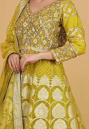 Woven Front Slit Organza Brocade Lehenga in Light Olive Green