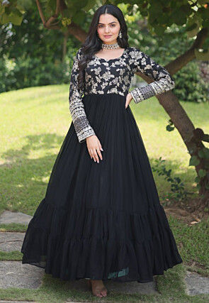 Woven Georgette and Viscose Jacquard Tiered Gown in Black