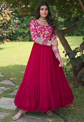 Woven Georgette and Viscose Jacquard Tiered Gown in Fuchsia