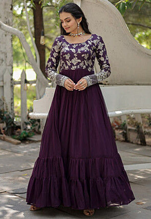 Woven Georgette and Viscose Jacquard Tiered Gown in Wine