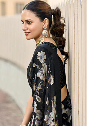 Digital Printed Georgette Brasso Saree in Black