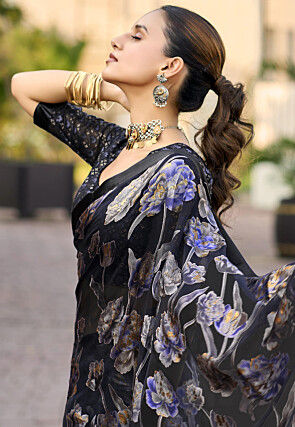 Digital Printed Georgette Brasso Saree in Black