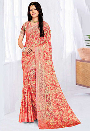 Woven Georgette Brasso Saree in Coral Red