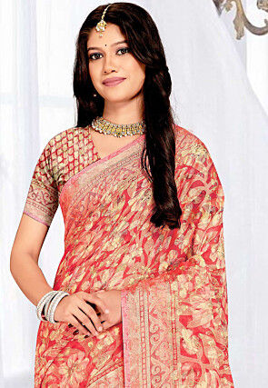 Woven Georgette Brasso Saree in Coral Red
