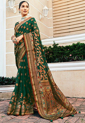 Woven Georgette Brasso Saree in Dark Green