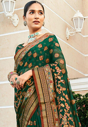 Woven Georgette Brasso Saree in Dark Green