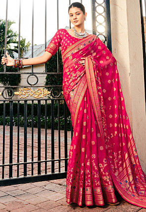 Woven Georgette Brasso Saree in Fuchsia