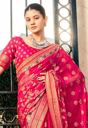 Woven Georgette Brasso Saree in Fuchsia