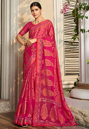 Woven Georgette Brasso Saree in Fuchsia