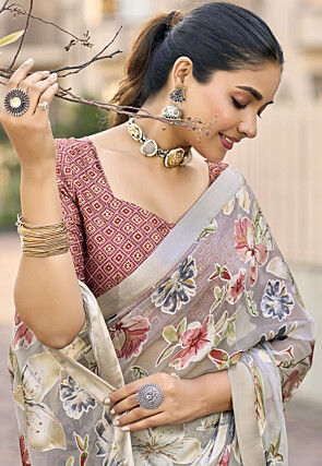 Woven Georgette Brasso Saree in Light Grey