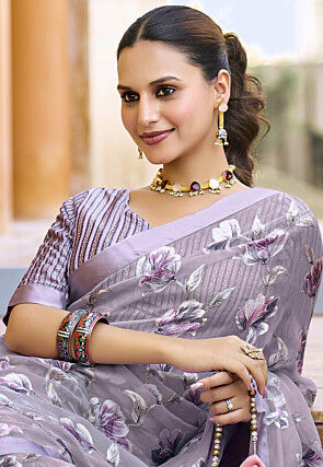 Digital Printed Georgette Brasso Saree in Light Purple