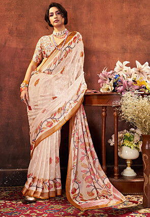 Digital Printed Georgette Brasso Saree in Off White