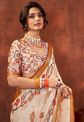 Digital Printed Georgette Brasso Saree in Off White
