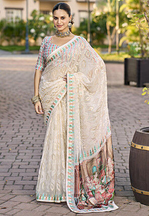 Digital Printed Georgette Brasso Saree in Off White