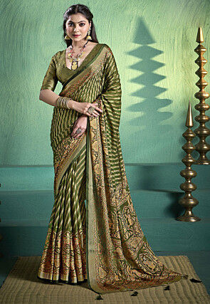 Woven Georgette Brasso Saree in Olive Green