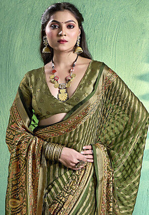 Woven Georgette Brasso Saree in Olive Green