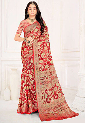 Woven Georgette Brasso Saree in Red