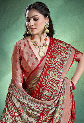 Woven Georgette Brasso Saree in Red