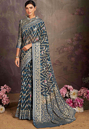 Woven Georgette Brasso Saree in Teal Blue