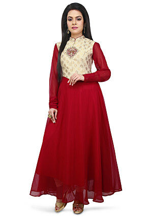 Woven Georgette Flared Gown in Maroon
