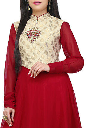 Woven Georgette Flared Gown in Maroon