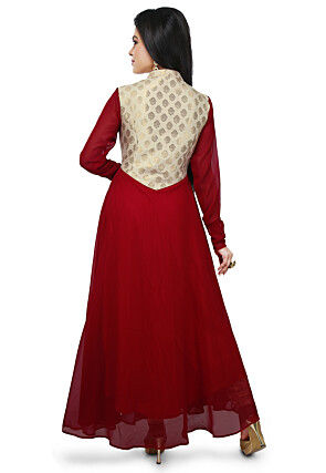 Woven Georgette Flared Gown in Maroon