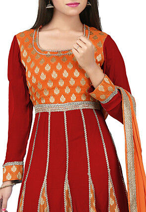 Woven Georgette Jacquard Anarkali Suit in Maroon