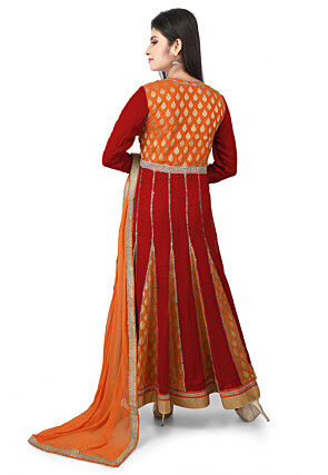 Woven Georgette Jacquard Anarkali Suit in Maroon