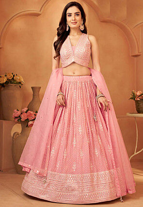 Woven Georgette Jacquard Lehenga in Pink