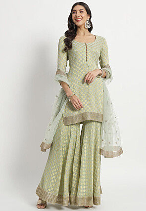 Woven Georgette Jacquard Pakistani Suit in Light Green