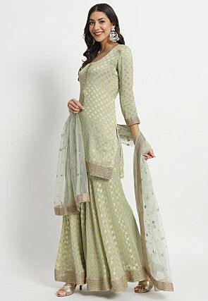 Woven Georgette Jacquard Pakistani Suit in Light Green