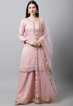 Woven Georgette Jacquard Pakistani Suit in Light Pink
