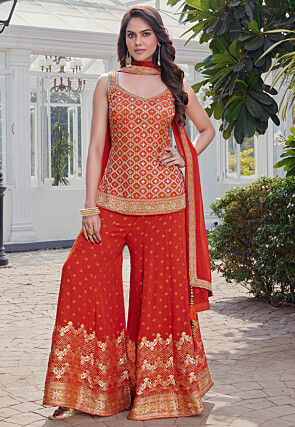 Woven Georgette Jacquard Pakistani Suit in Orange