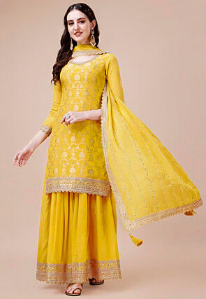 Woven Georgette Jacquard Pakistani Suit in Yellow