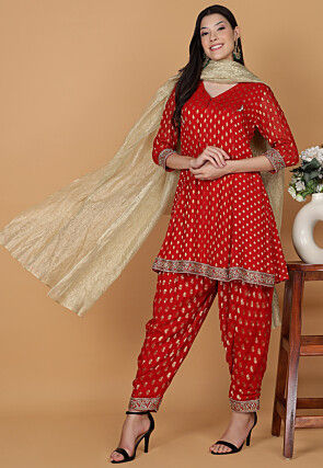 Woven Georgette Jacquard Punjabi Suit in Red