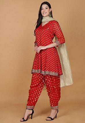 Woven Georgette Jacquard Punjabi Suit in Red