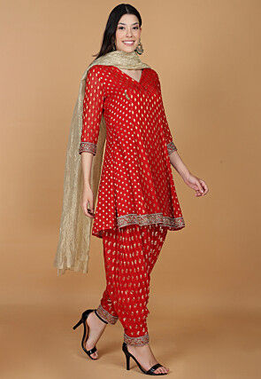 Woven Georgette Jacquard Punjabi Suit in Red