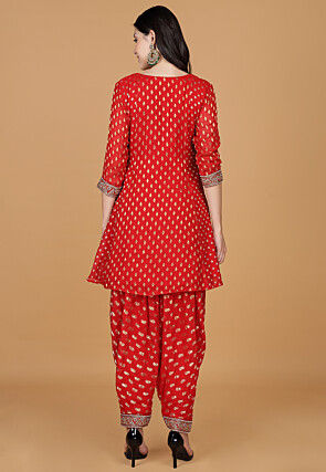 Woven Georgette Jacquard Punjabi Suit in Red