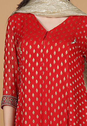 Woven Georgette Jacquard Punjabi Suit in Red